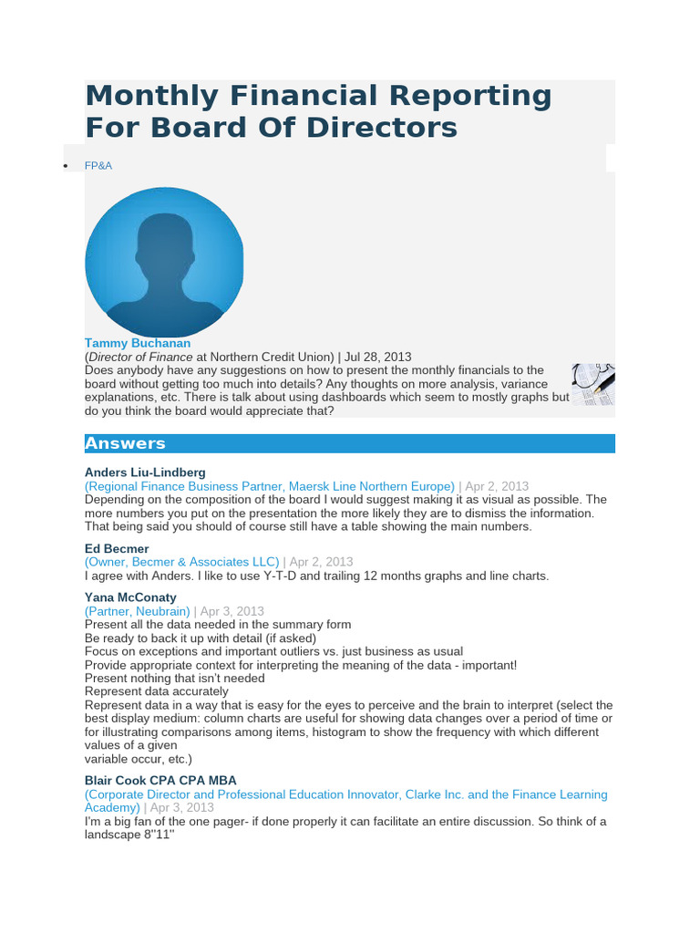 Monthly Financial Reporting For Board of Directors | PDF