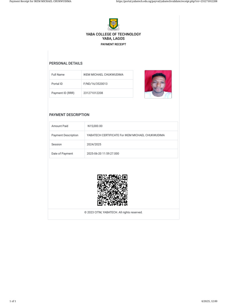 YABATECH Certificate Payment Receipt | PDF