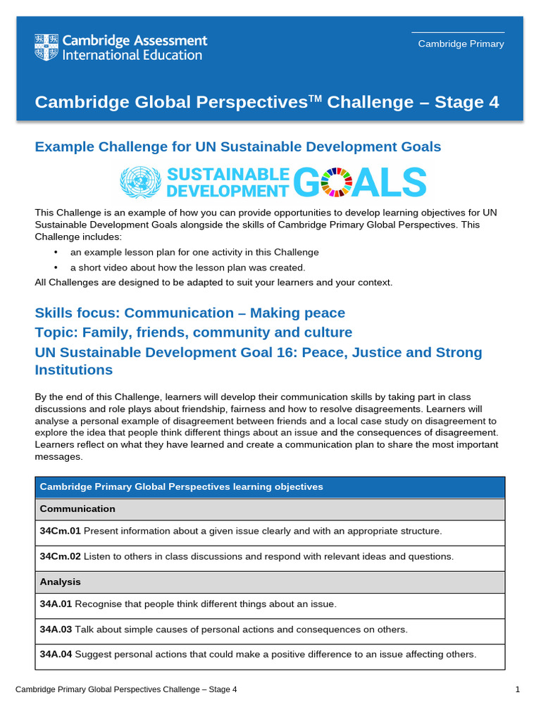 Challenge - Stage 4 - Making Peace - Example SDG - tcm142-658581 | PDF ...