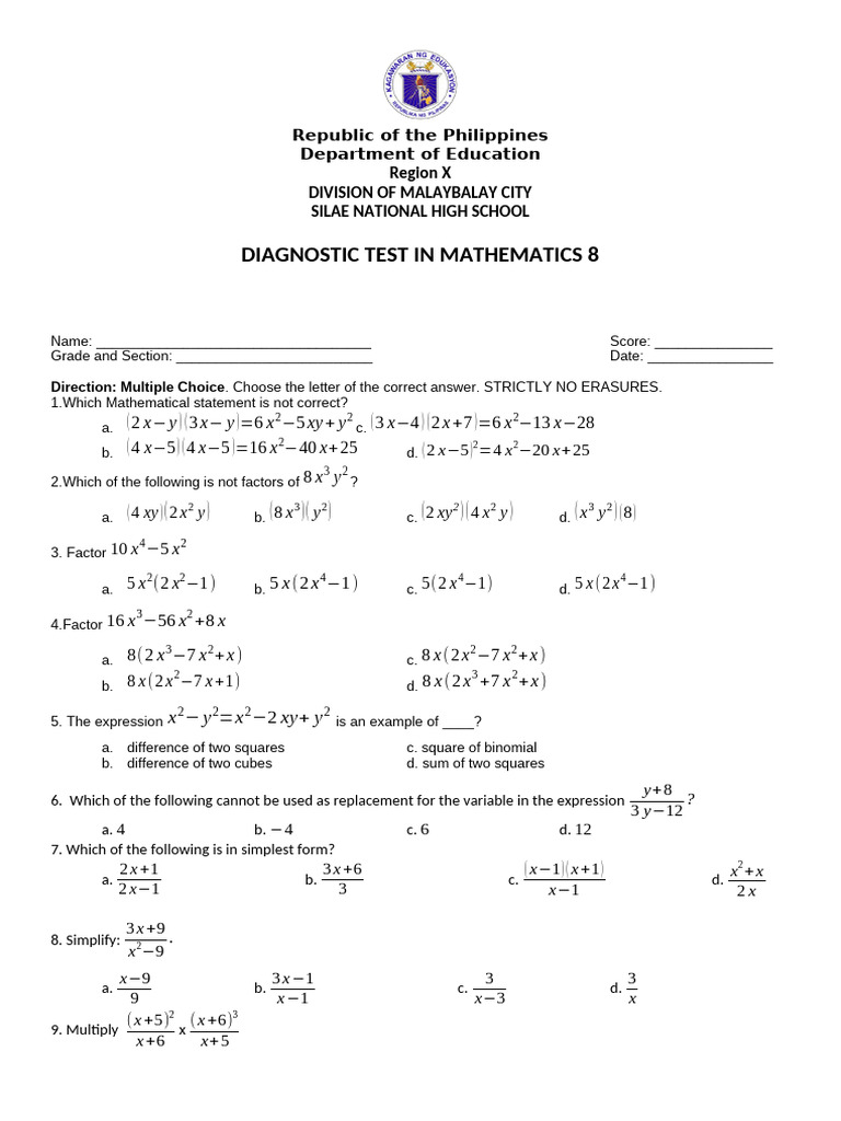 Mathematics 8 Diagnostic Test PDF | PDF | Perpendicular | Mathematics