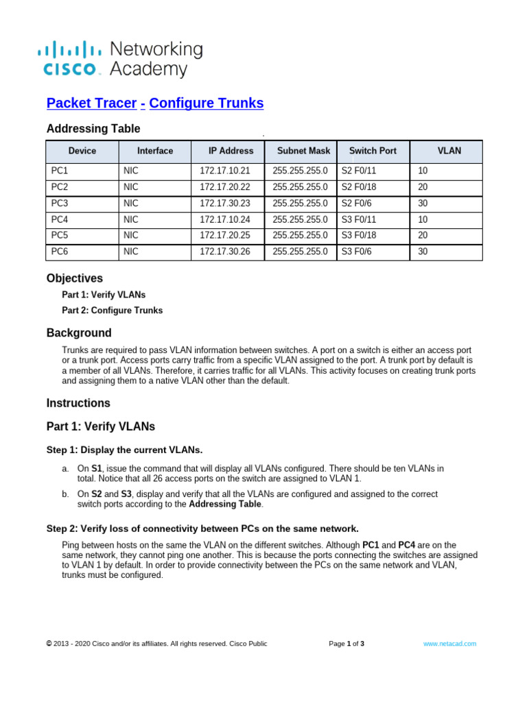 Configure VLAN Trunks in Packet Tracer | PDF | Network Interface ...