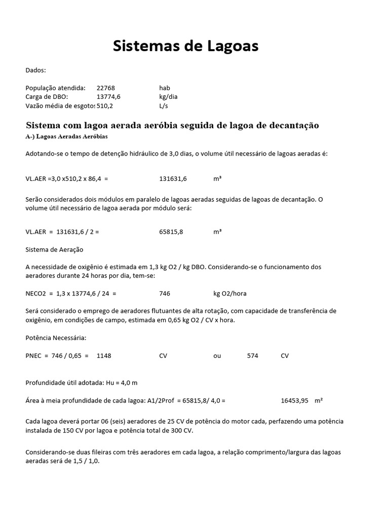 Dimensões de Lagoas de Tratamento de Esgotos | PDF