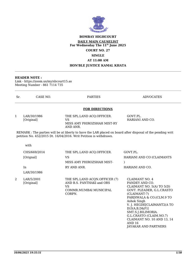 Bombay High Court Cause List - June 11, 2025 | PDF | Common Law | Evidence