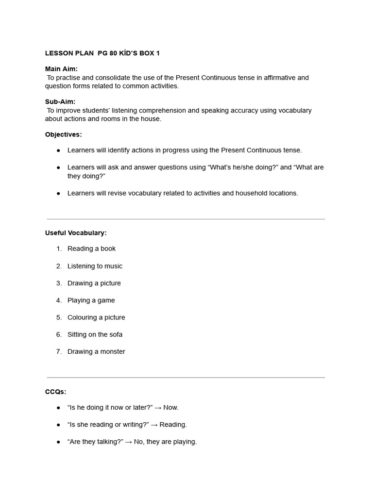 Lesson Plan PG 80 Ki̇d's Box 1 | PDF | Language Acquisition ...