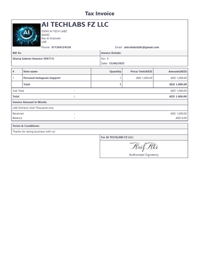 Tax Invoice for Instagram Support Services | PDF