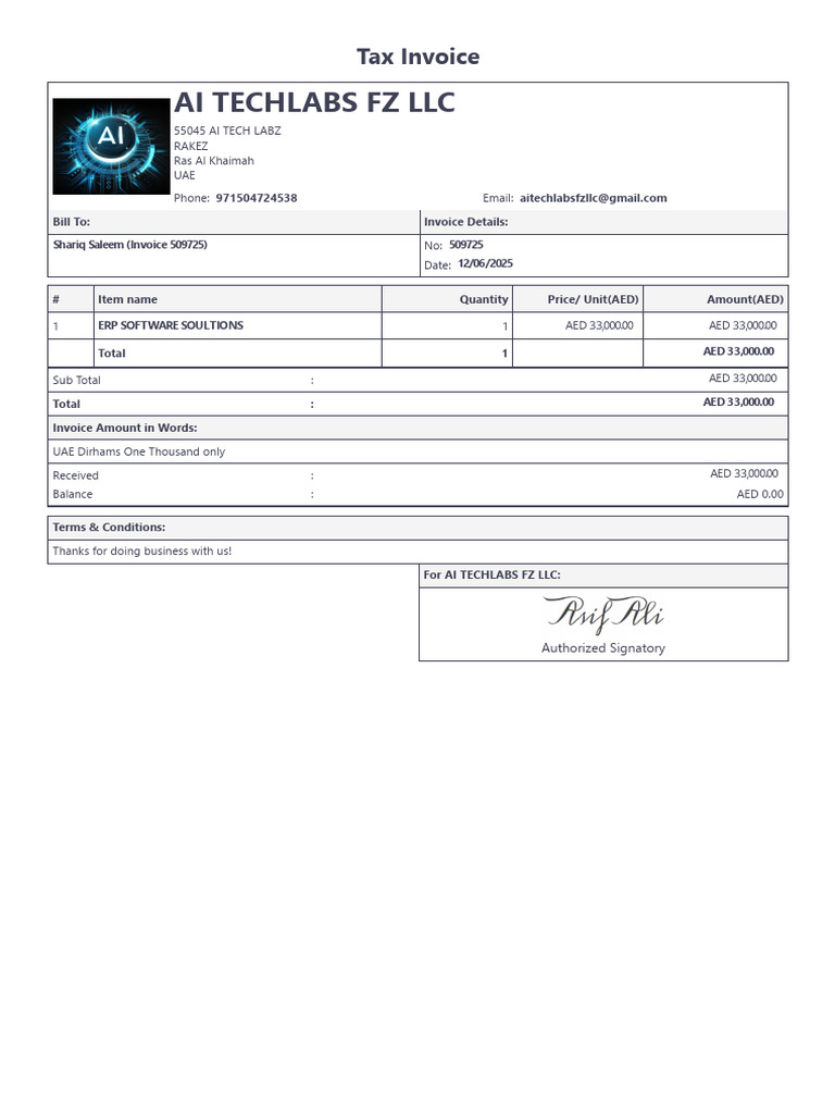 Tax Invoice for ERP Software Solutions | PDF