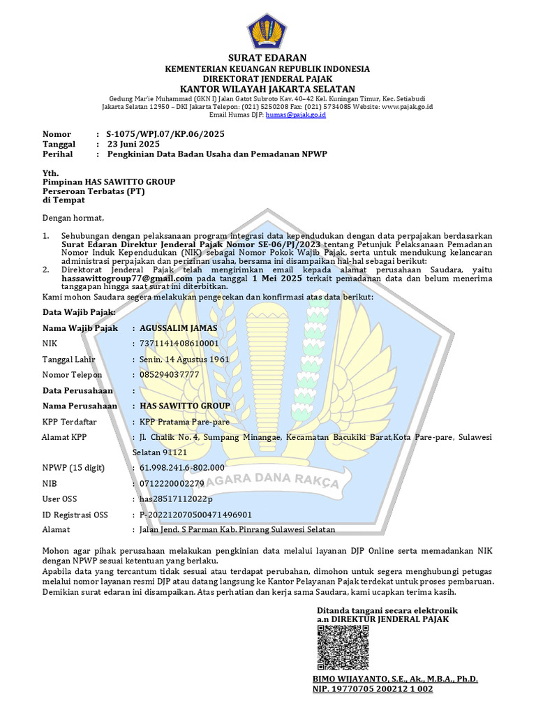 Pengkinian Data NPWP untuk HAS SAWITTO | PDF