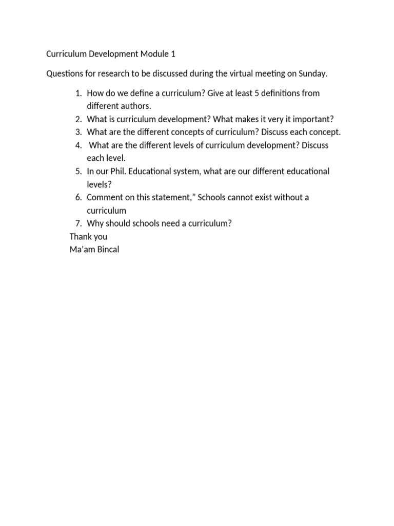 Curriculum Development Discussion Questions | PDF
