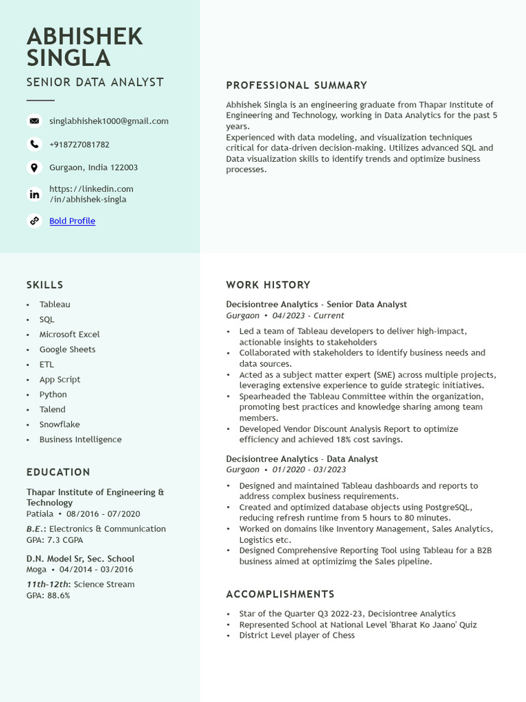 Abhishek Singla Resume | PDF | Analytics | Data Analysis