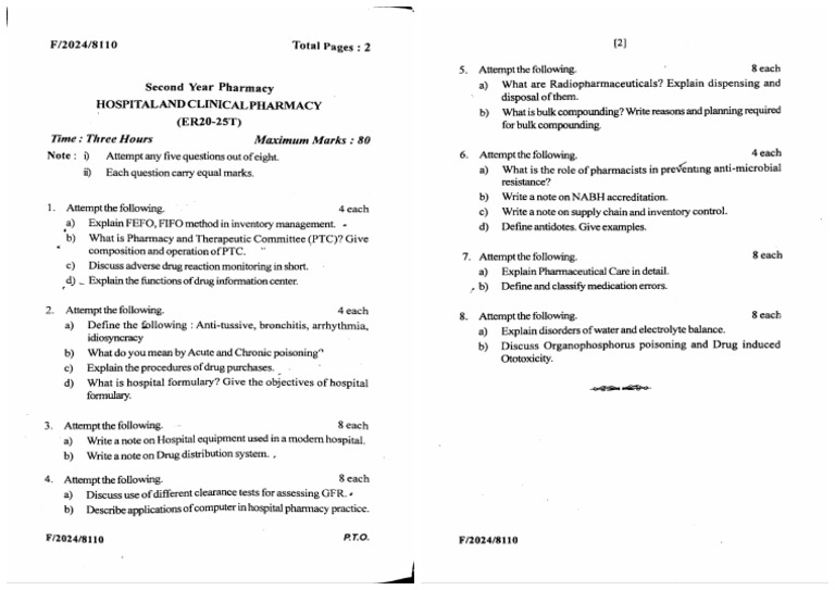 D Pharmacy 2 Year Hospital and Clinical Pharmacy 8110 F 2024 | PDF