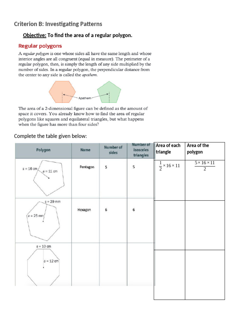 Area Calculation for Regular Polygons | PDF