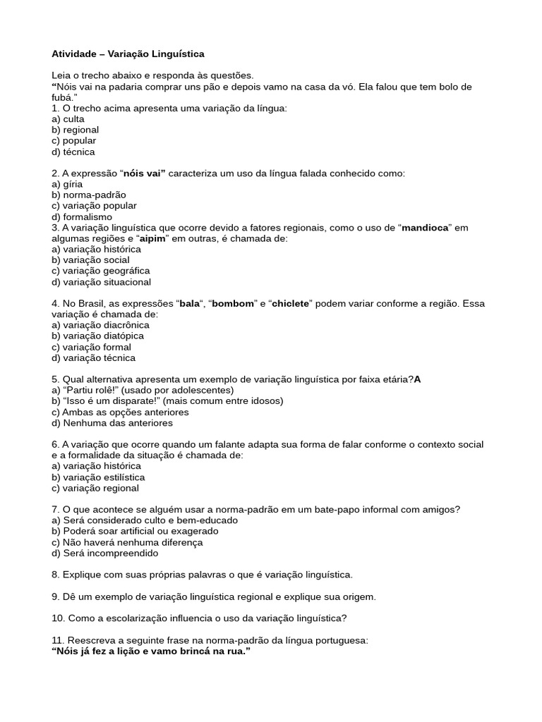 Atividade sobre Variação Linguística | PDF | Comunicação humana ...
