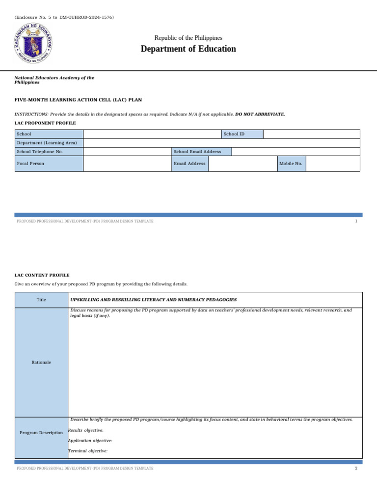 Five-Month LAC Plan Template | PDF | Cognition | Human Communication