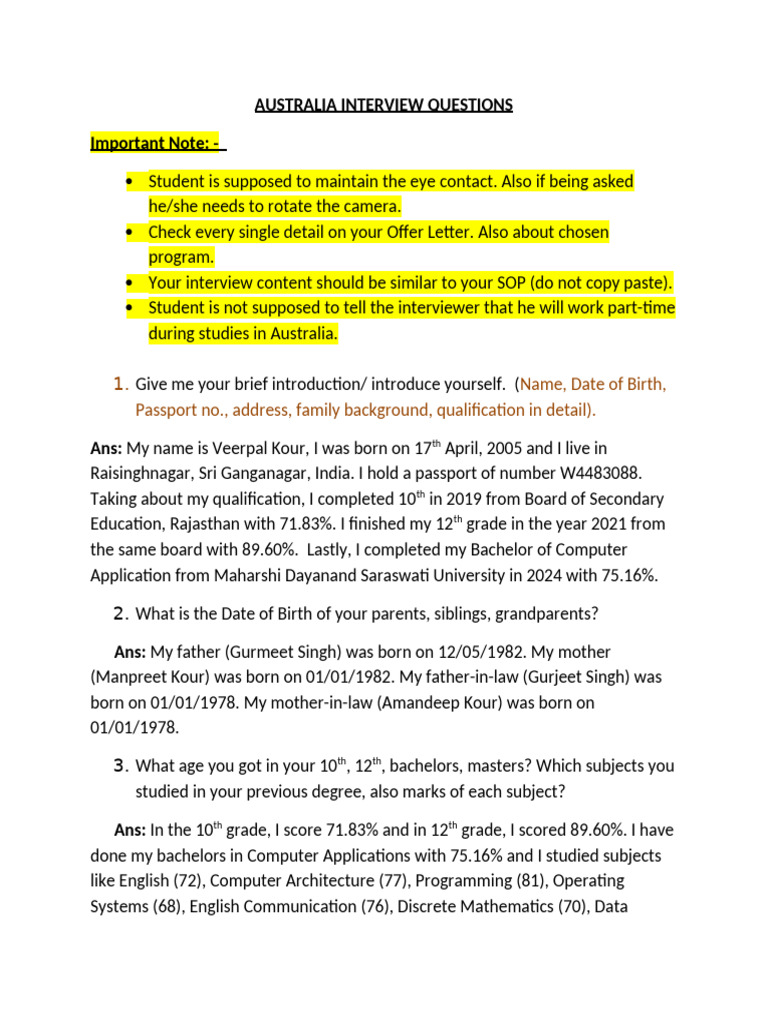 Australia Interview Questionnaire | PDF | Computer Programming ...