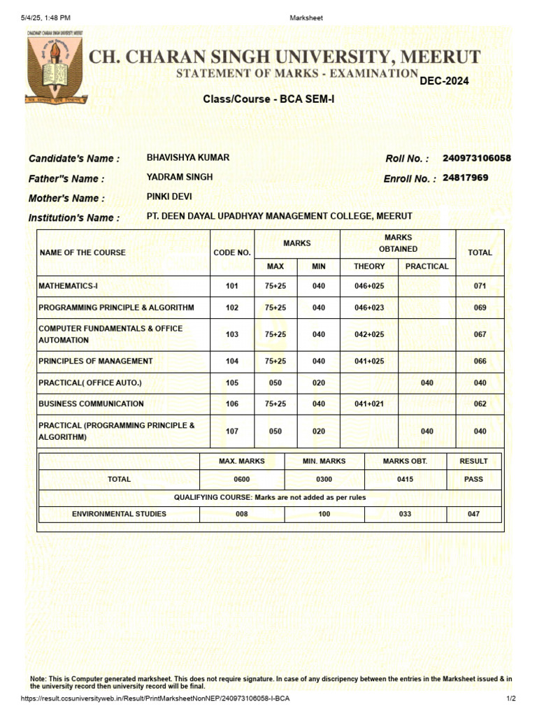 BCA Final Year Marksheet Sample | PDF