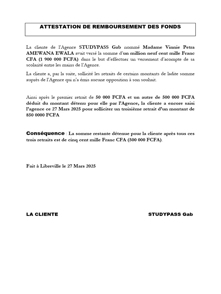Remboursement de 500 000 FCFA | PDF