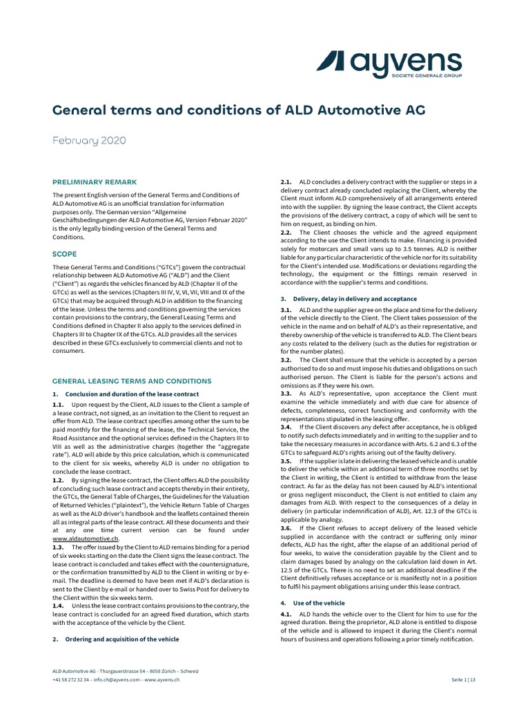 Ayvens Ald Automotive Ag Agb Februar 2020 en | PDF | Insurance | Lease