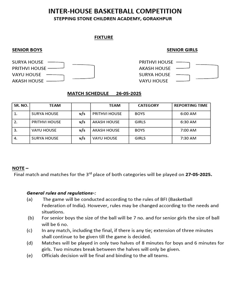 Inter-House Basketball Fixture 2025 | PDF
