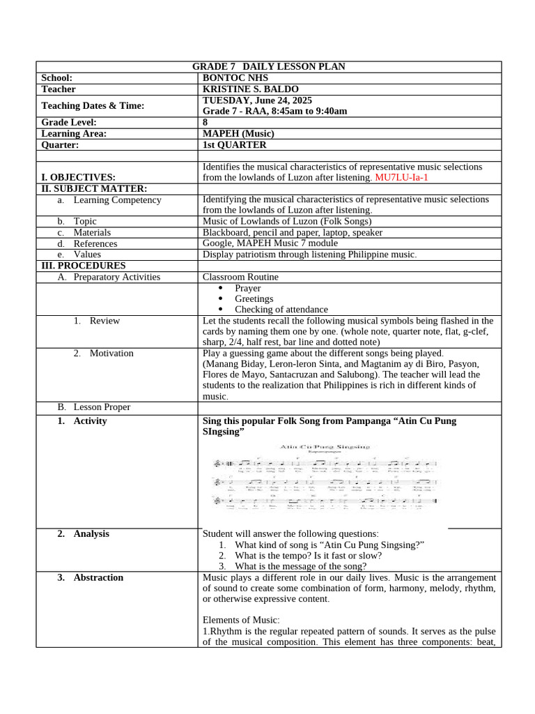 Grade 7 MAPEH Lesson Plan: Luzon Music | PDF | Songs | Musical Compositions