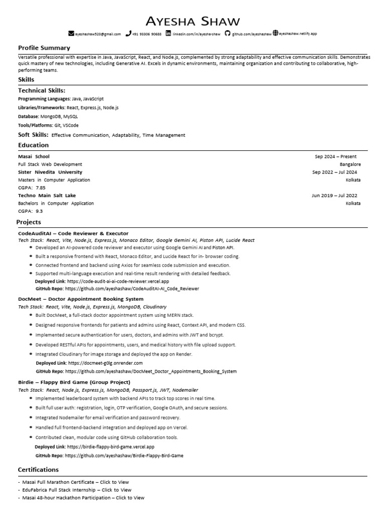 Ayesha Shaw: Full Stack Developer Profile | PDF | Web Development ...