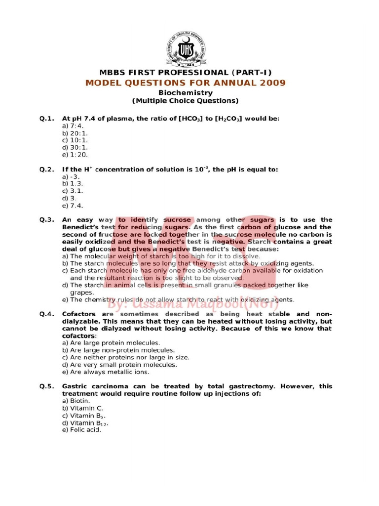 1st Year UHS Model Paper Biochemistry MCQs of 2007 & 2009 by Medical ...