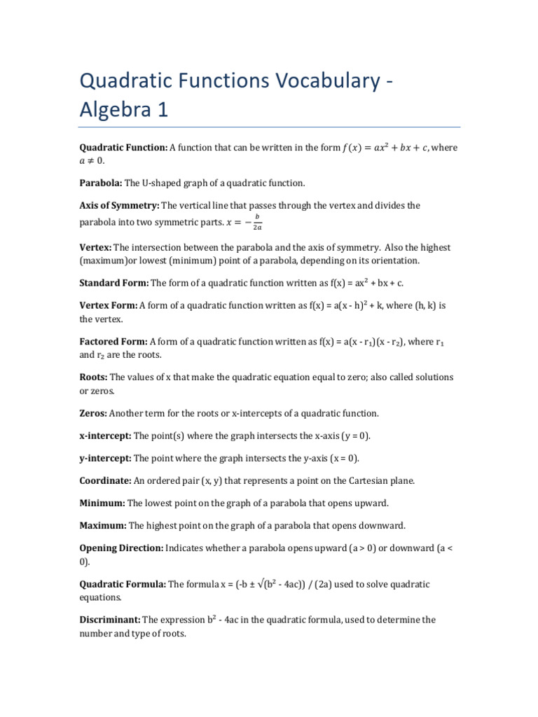 Quadratic Functions Vocabulary Guide | PDF