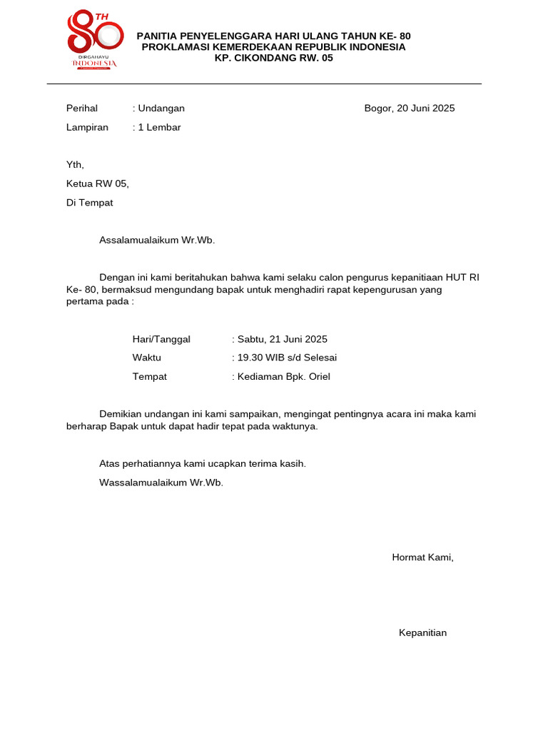 Contoh Kop Surat Panitia HUT RI 80 | PDF