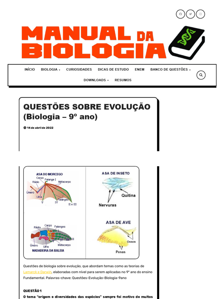 Questões de Evolução para 9º Ano | PDF | Seleção natural | Evolução