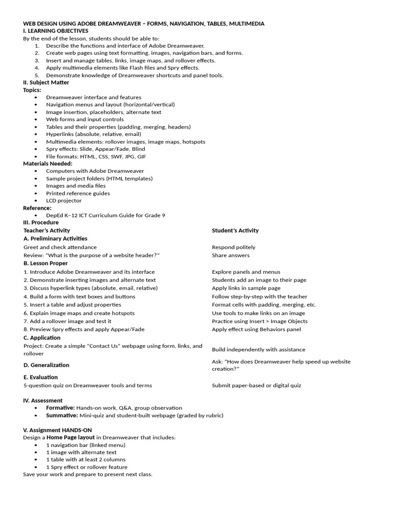 Grd9-Web Design Using Adobe Dreamweaver - Forms, Navigation, Tables ...