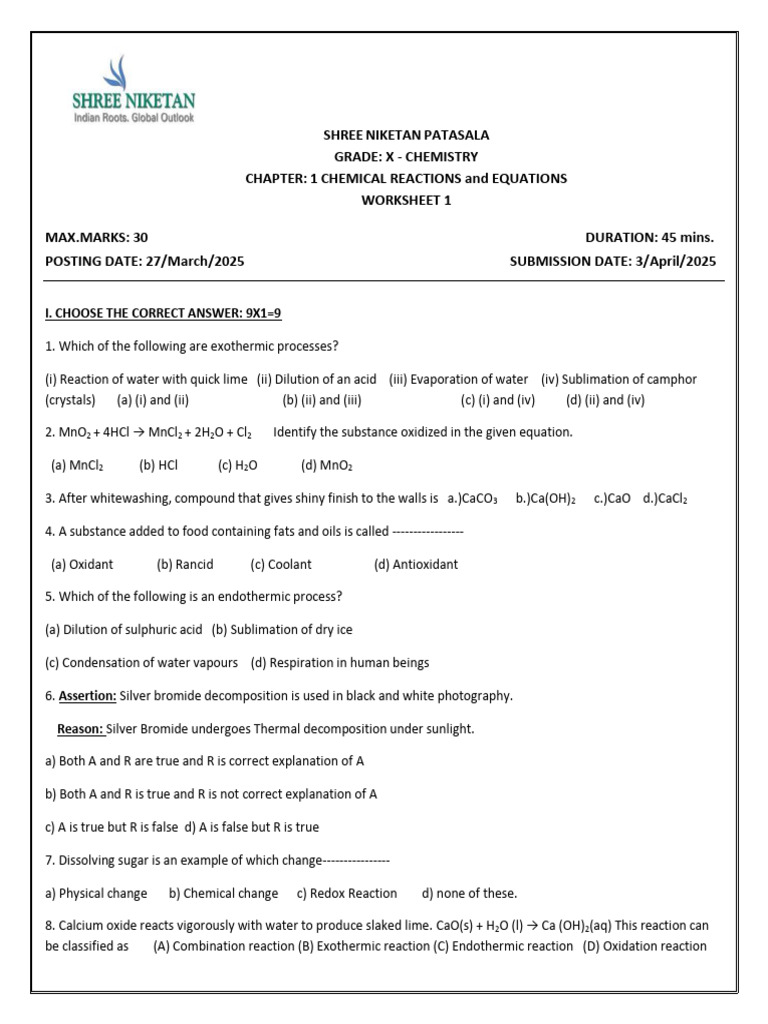 Chemical Reactions and Equations Worksheet | PDF | Chemical Reactions ...