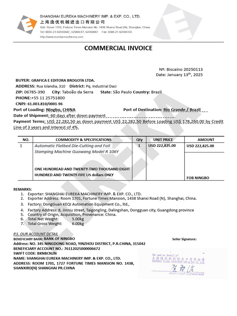Commercial Invoice for Machinery Purchase | PDF