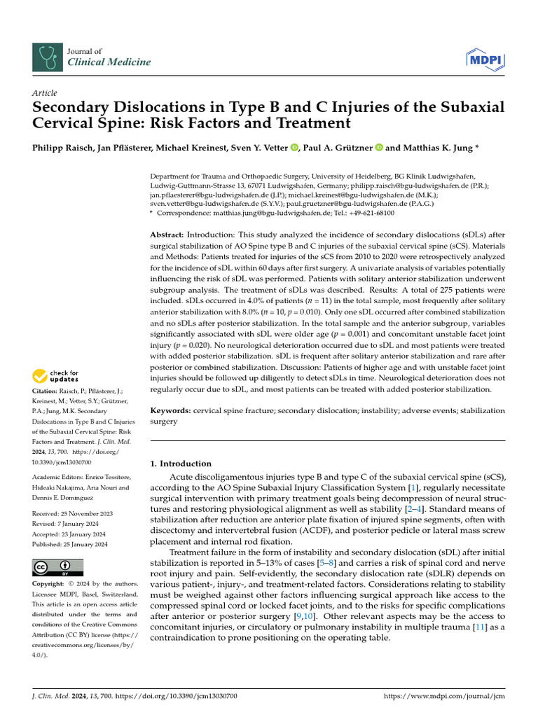 Secondary Dislocations in Type B and C Injuries of The Subaxial ...