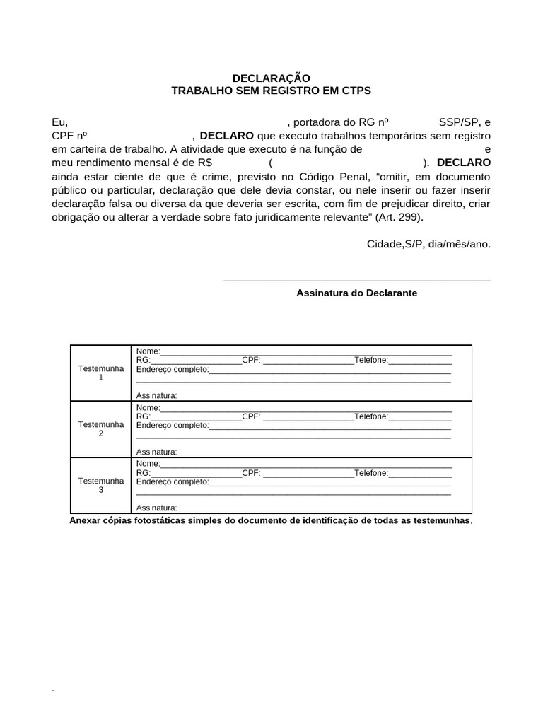 Declaração de Trabalho Sem Registro | PDF