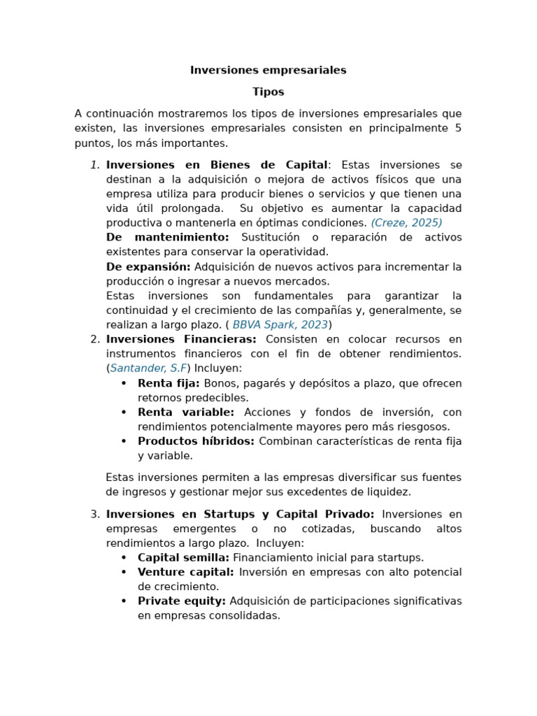 Tipos y características de inversiones empresariales | PDF ...