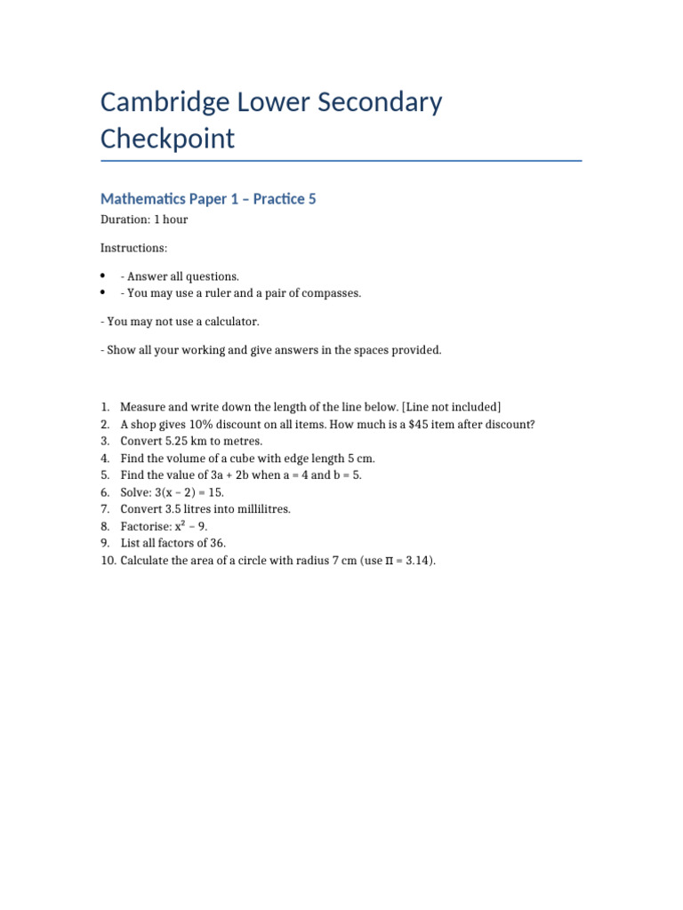 Cambridge Checkpoint Math Practice Paper | PDF