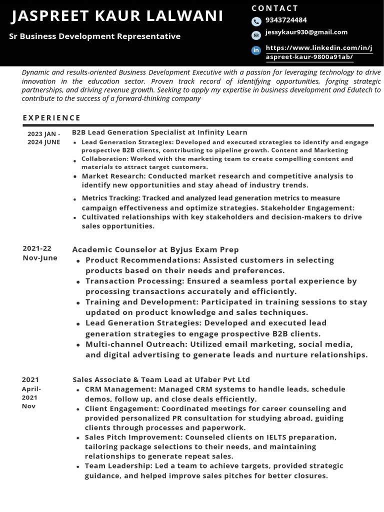 SR Business Development Representative: Experience | PDF | Marketing ...
