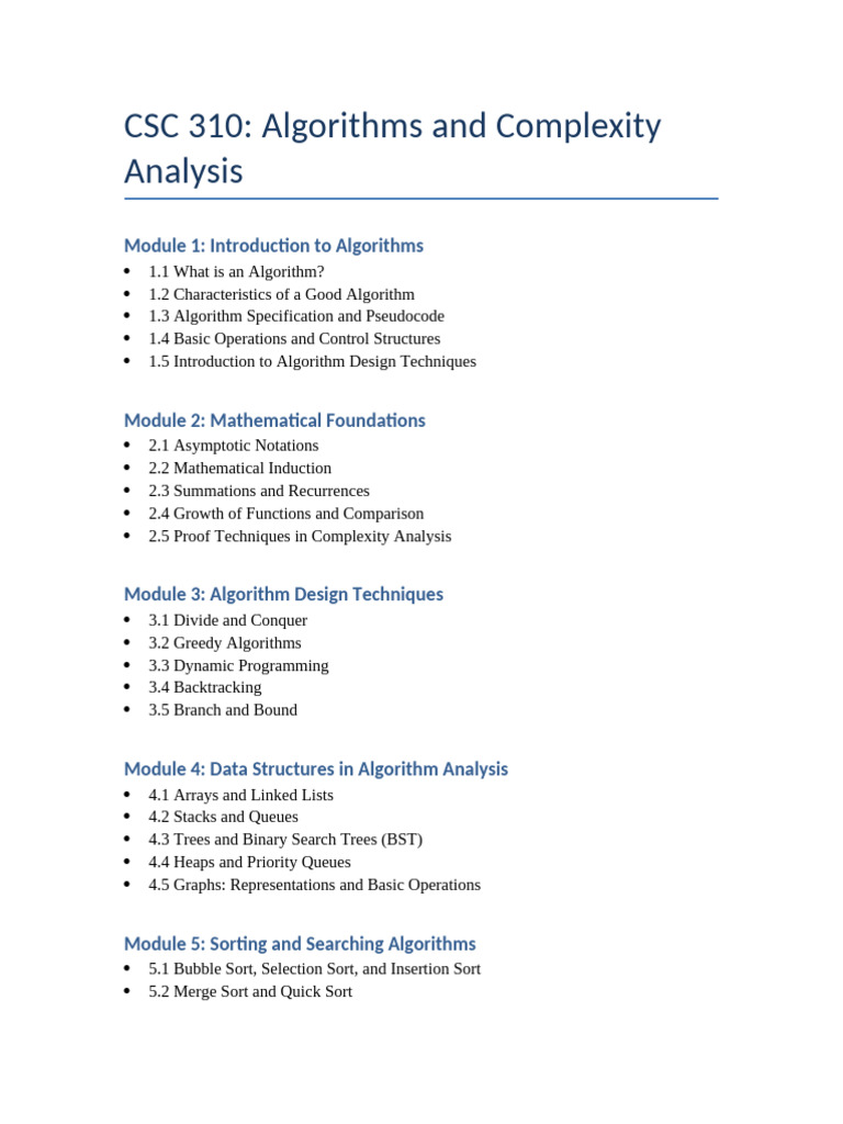 CSC 310: Algorithms Overview | PDF