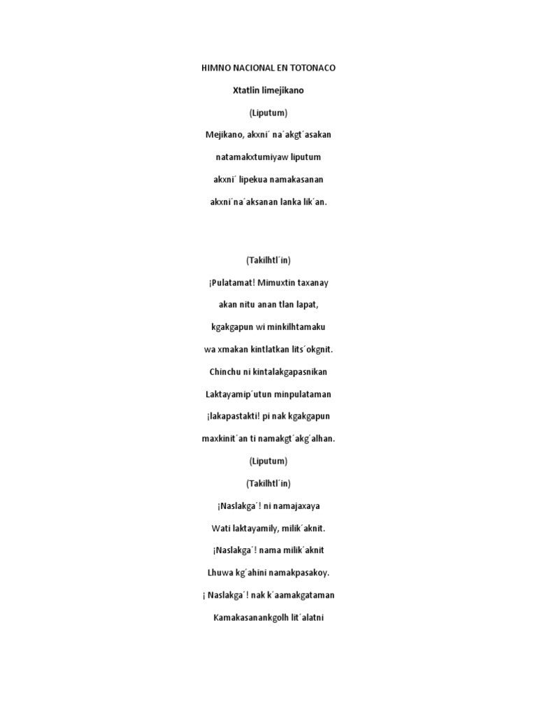 Himno Nacional en Totonaco | PDF