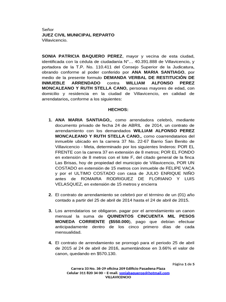 Demanda de Restitución de Inmueble en Villavicencio | PDF