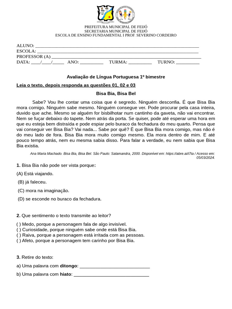 Avaliação de Língua Portuguesa 1º Bimestre | PDF | Vogal | Famílias ...