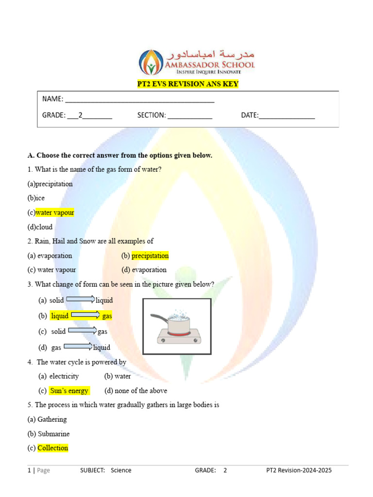 Ans Key Evs Pt2 Rev Paper-2024 | PDF | Water | Water Cycle