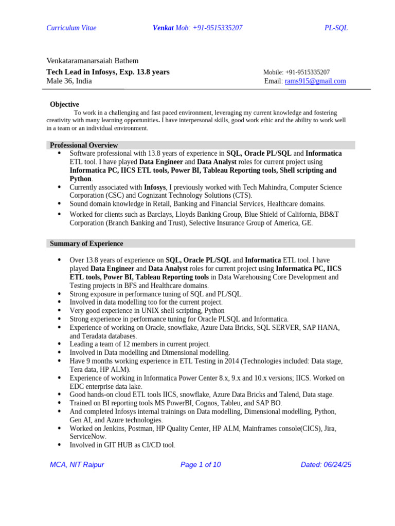 Resume Oracle PLSQL ETL BI Informatica PC IICS 13.8yrs Infosys MCA From ...