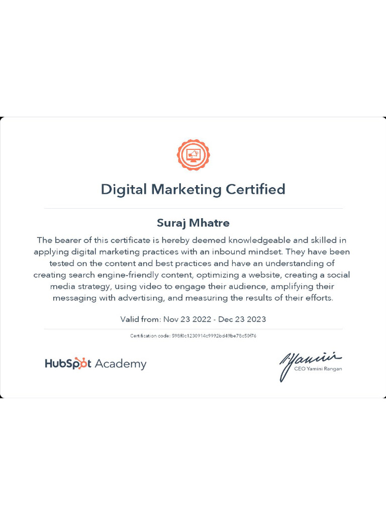 Digital Marketing Certificate Hubspot | PDF