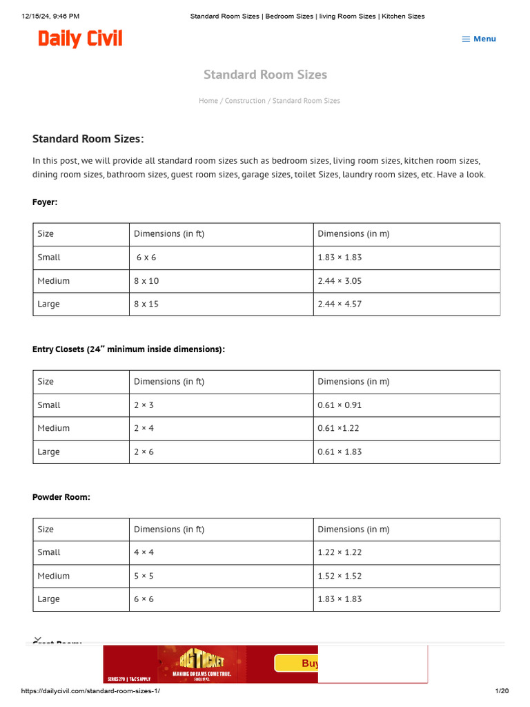 Standard Room Sizes - Bedroom Sizes - Living Room Sizes - Kitchen Sizes ...