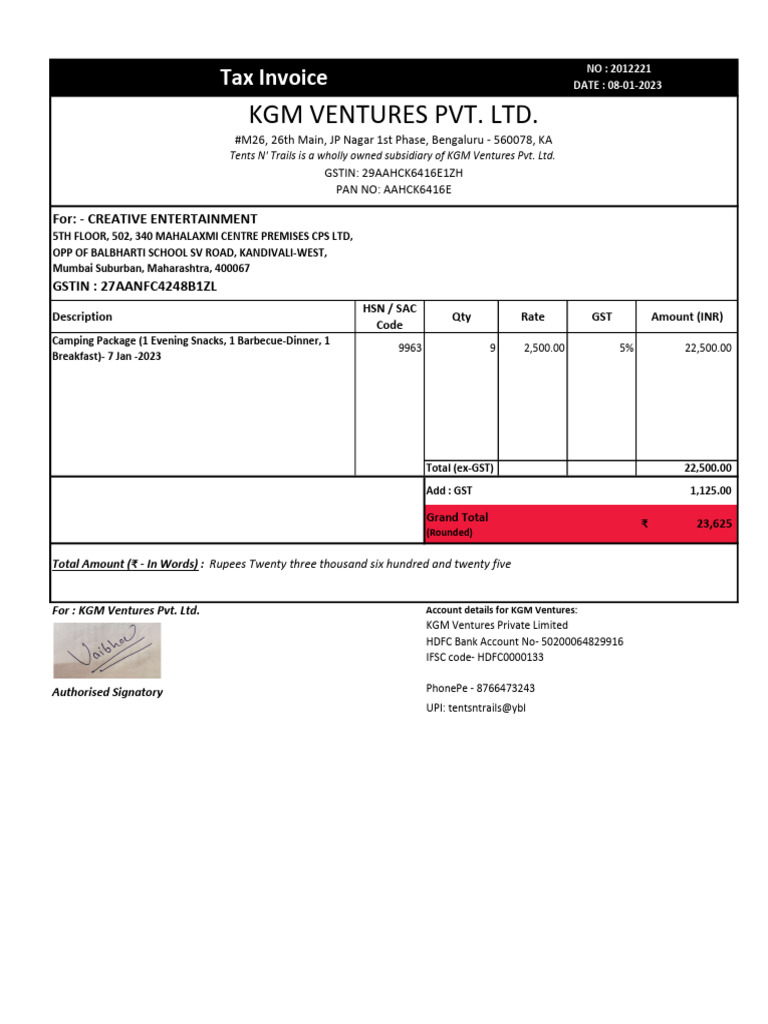 Camping Package Invoice - KGM Ventures | PDF | Economy Of India | Payments