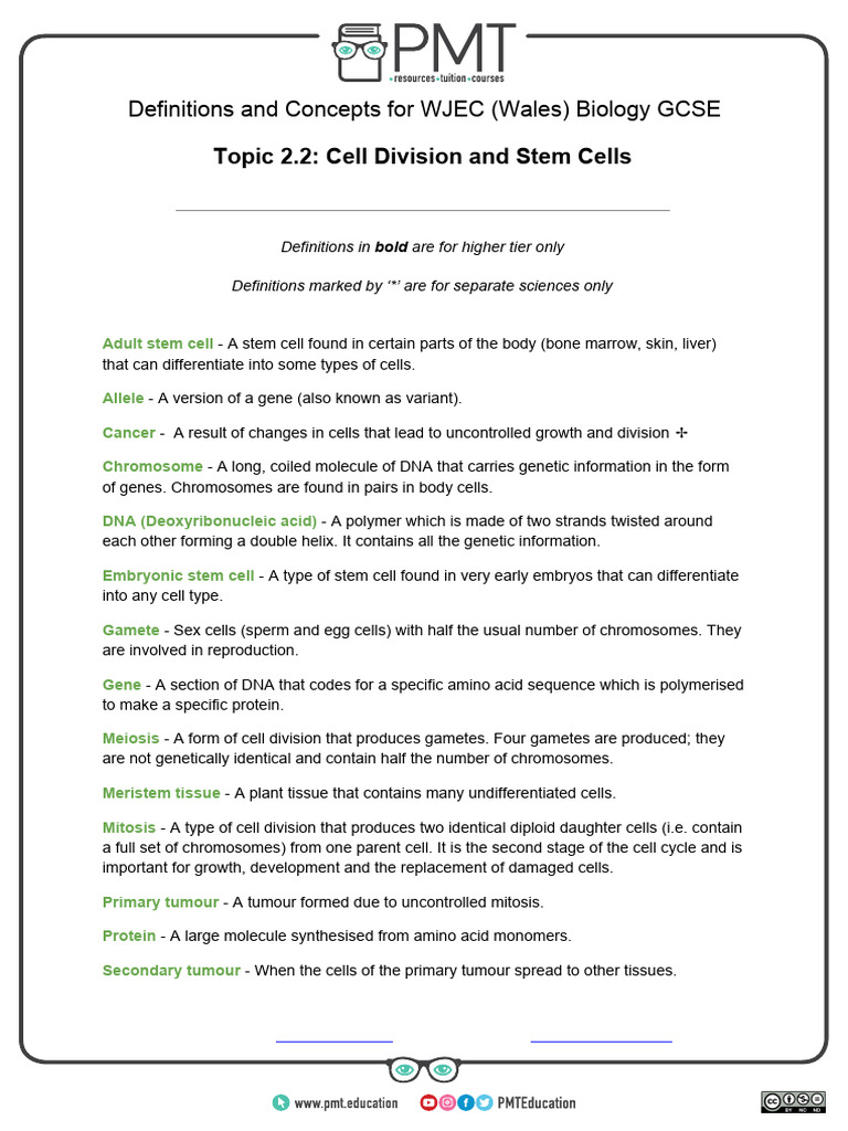 2.2 Cell Division and Stem Cells | PDF | Cell (Biology) | Genetics