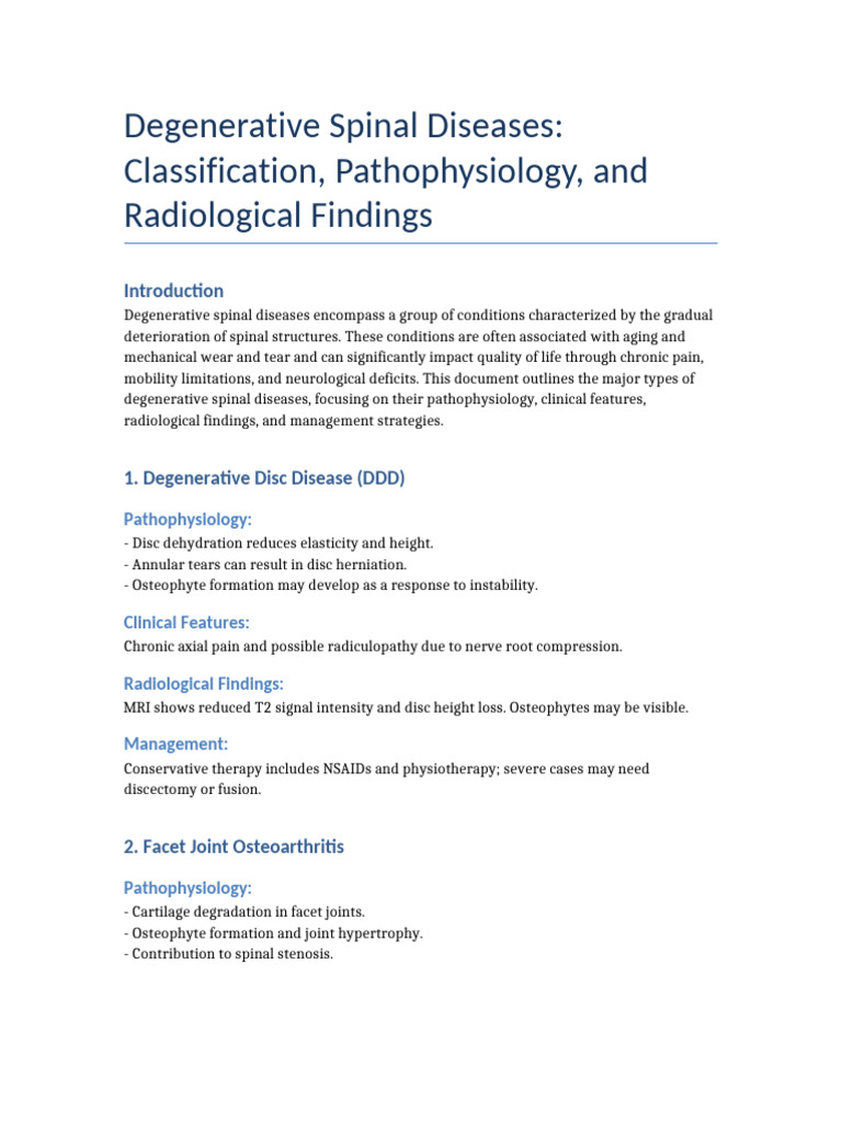 Degenerative Spinal Diseases Report | PDF | Back Pain | Neurology