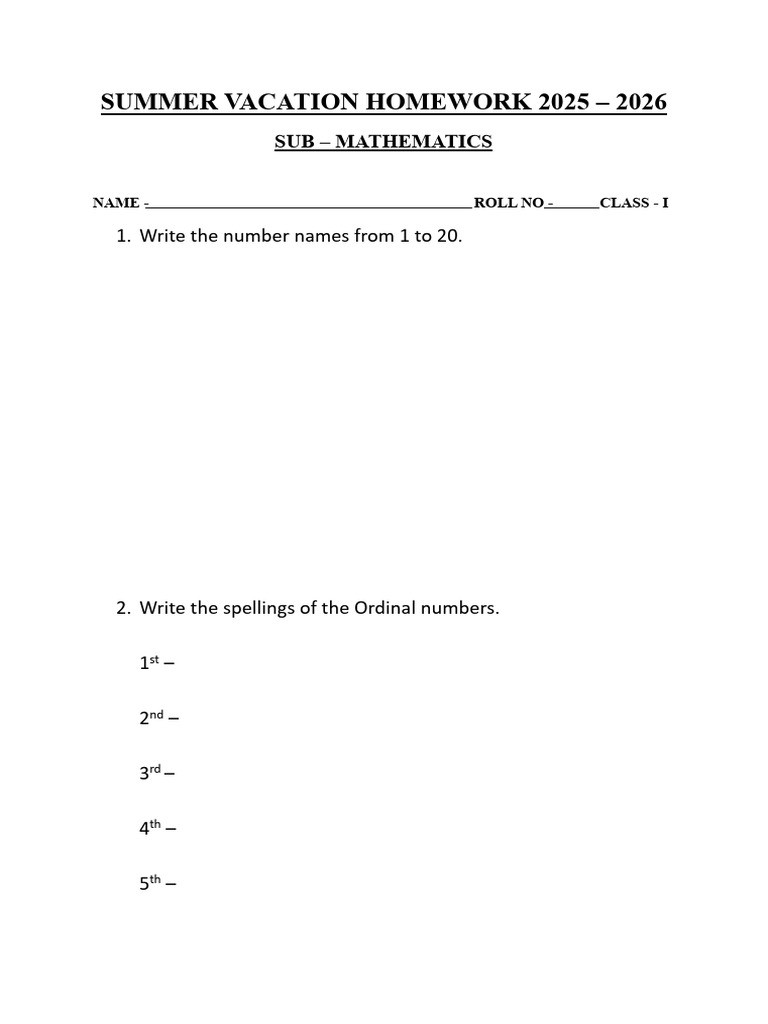 Math Homework for Class I 2025-26 | PDF