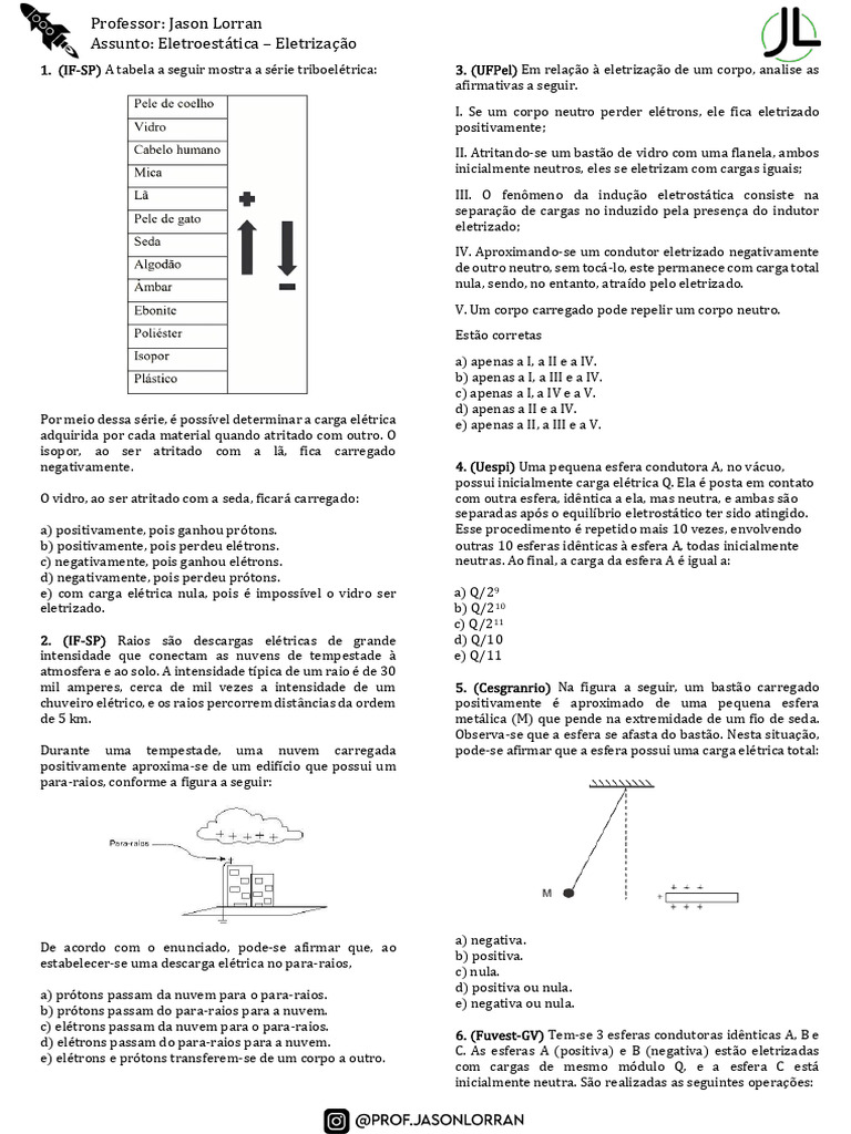 Eletroestática - Eletrização Exercícios. | PDF | Relâmpago | Carga elétrica