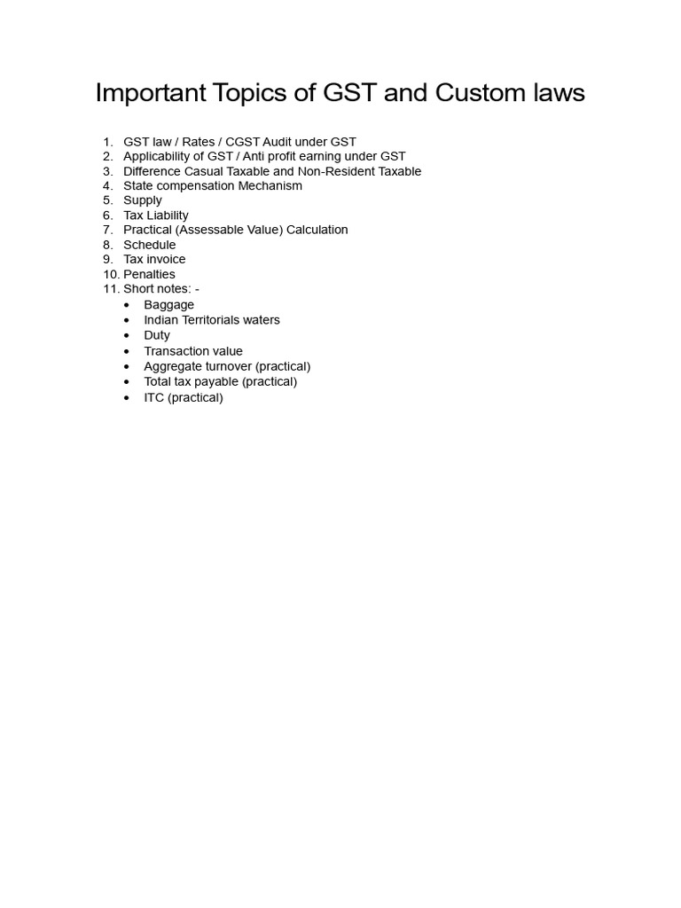Important Topics of GST and Custom Laws | PDF